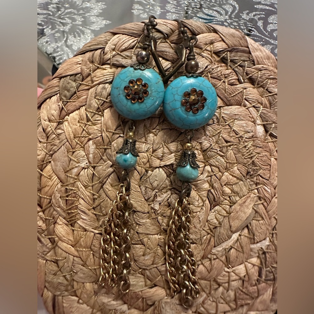 Extremely unique, hand crafted turquoise and crystal drop earrings